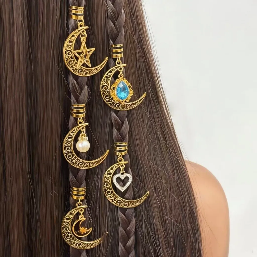 5Pcs/Set Stars Moon Combination Rhinestone Dreadlock Hair Rings Adjustable Vintage Braiding Jewelry Dreadlock Hair Clip