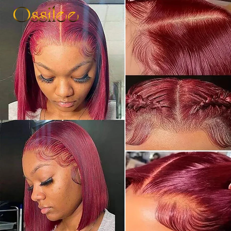 Ossilee-Perruque Bob Lace Front Wig Remy brésilienne naturelle, cheveux lisses, bordeaux 99J, 13x4, pre-plucked