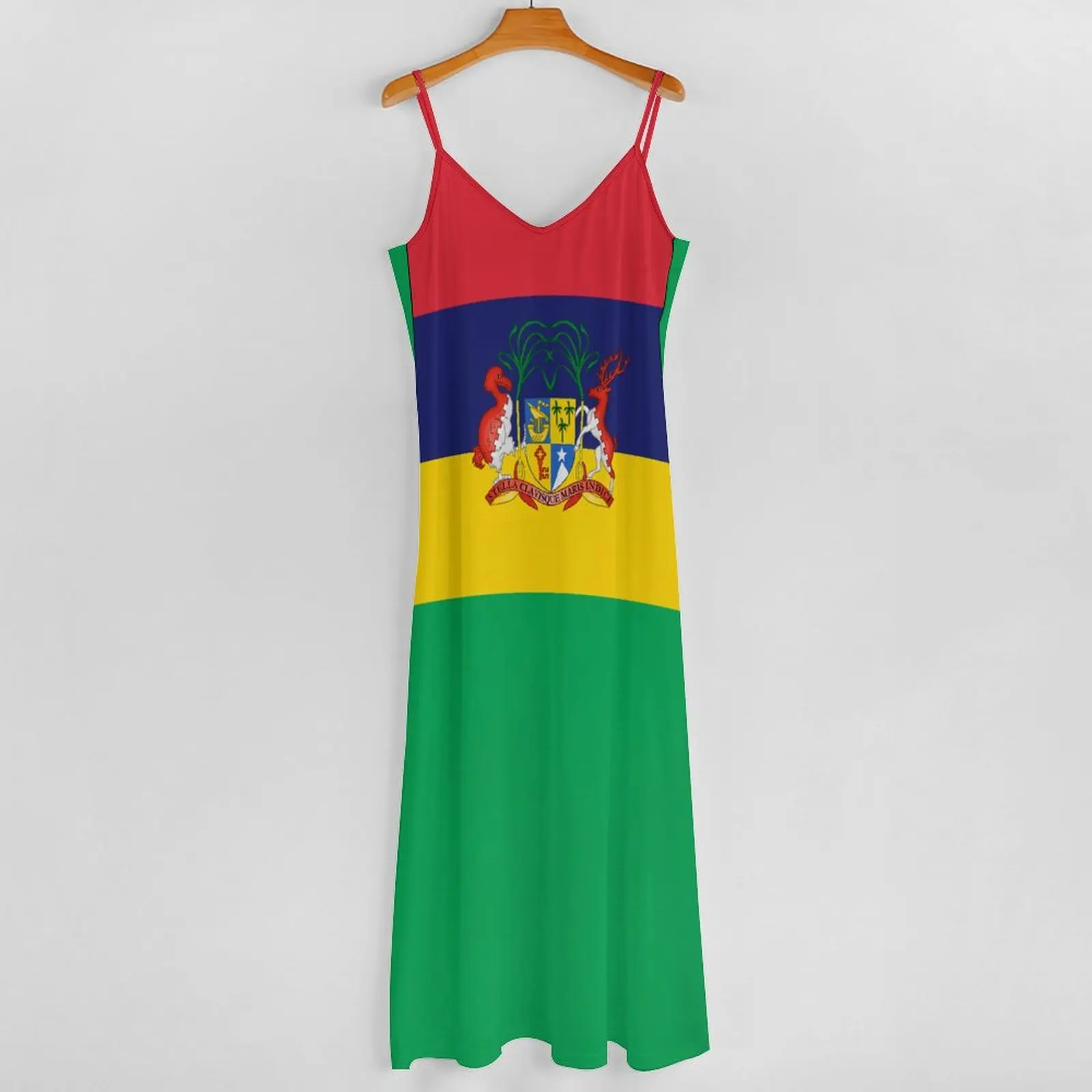 Vestido longo com decote em v para mulheres, vestido casual sem mangas, estilo retrô, com estampa da bandeira, novo design