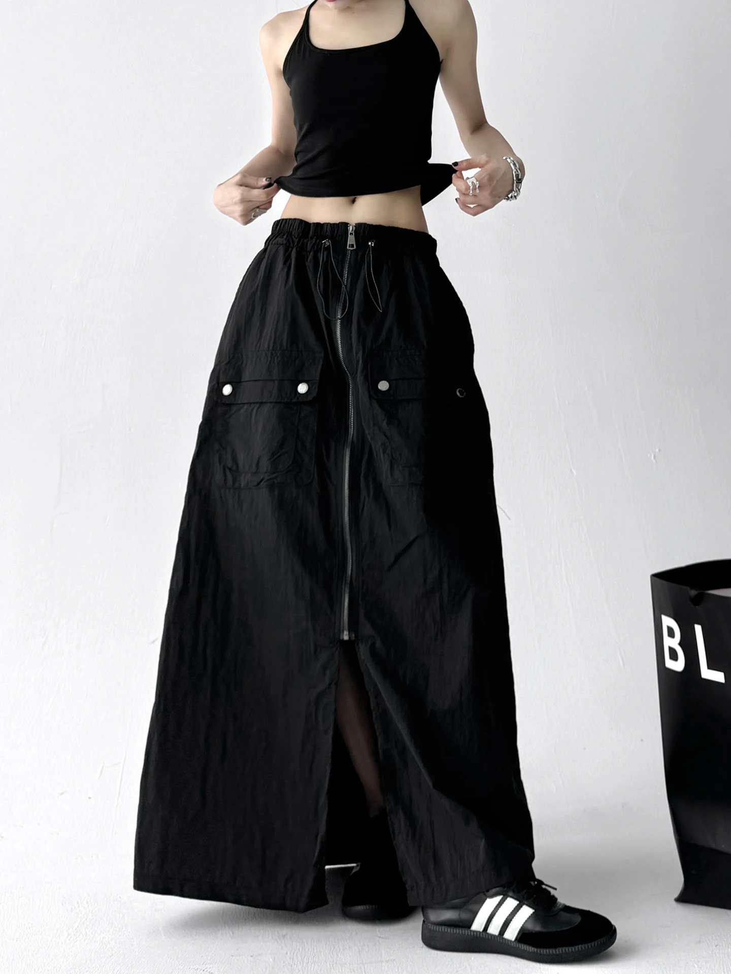 

Retro Workwear Skirt Women's Summer Thin Design Zipper Dstring High Waist A-Line Skirt Front Slit Bodycon Skirt