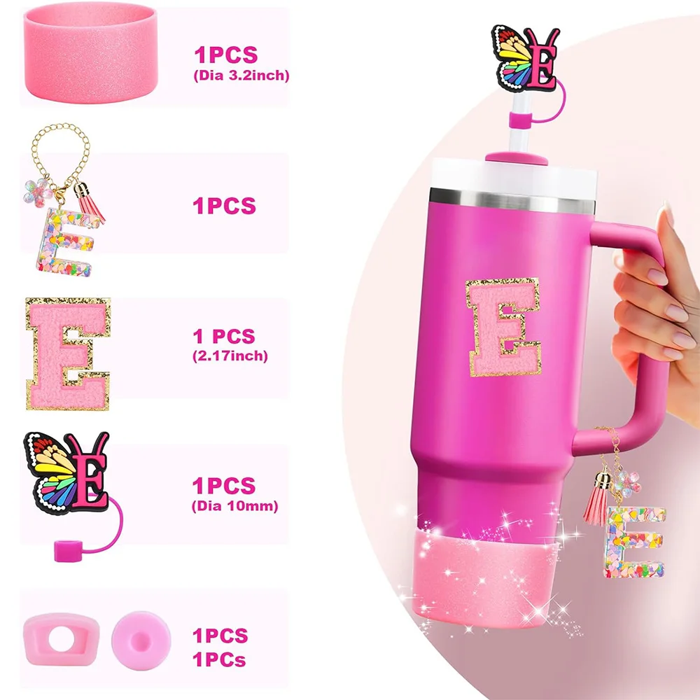 6PCS Cup Accessories Set for Stanley Cup 30oz 40oz, Tumbler Initials Decorations, Including Silicone Straw Cover Cap,Sticker