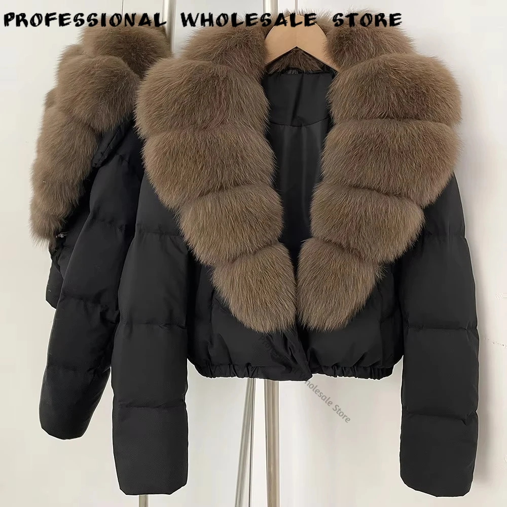 Short Puffer Jacket Big Natural Real Fox Fur Jacket Women Thick White Duck Down Coat Detachable Collar Female New Autumn Winter