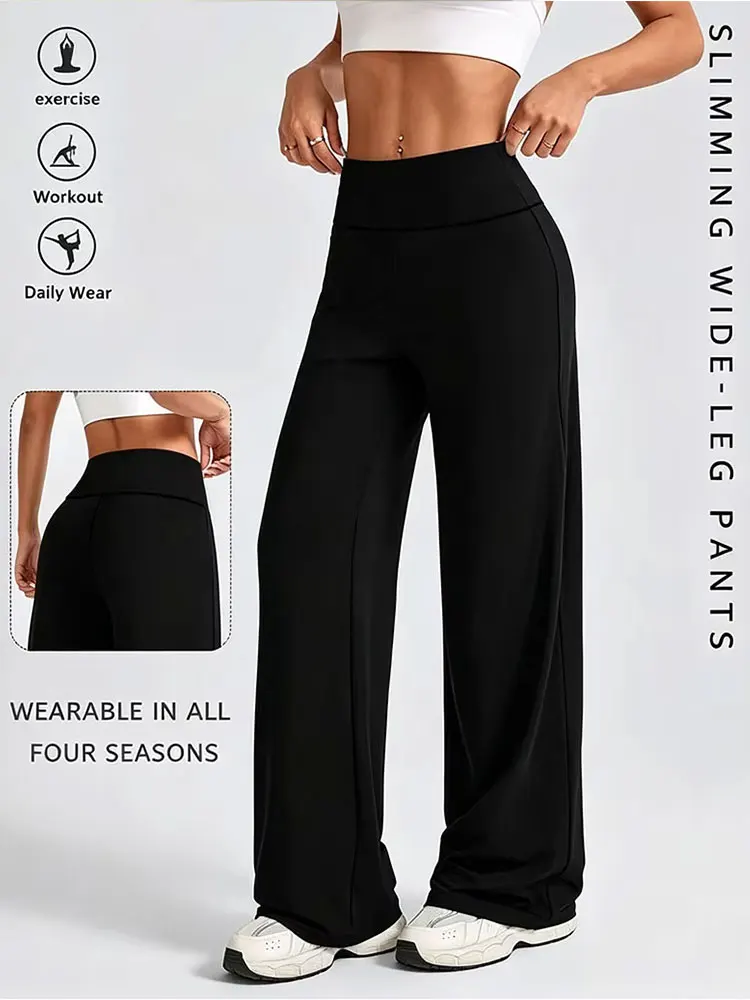 Pantalon large uni taille mi-haute pour femme, legging de yoga, collant de fitness, sensation seconde peau, pour Pilates, course et sport