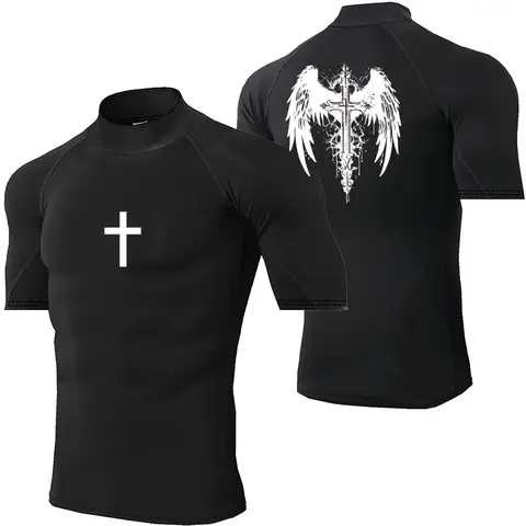 Herrtopp med polotröja och tryck för sommarträning, gotiskt tryck, snabbtorkande t-shirt, andningsbar, komprimerad t-shirt 8 best sales kompressionströja med polotröja - №6