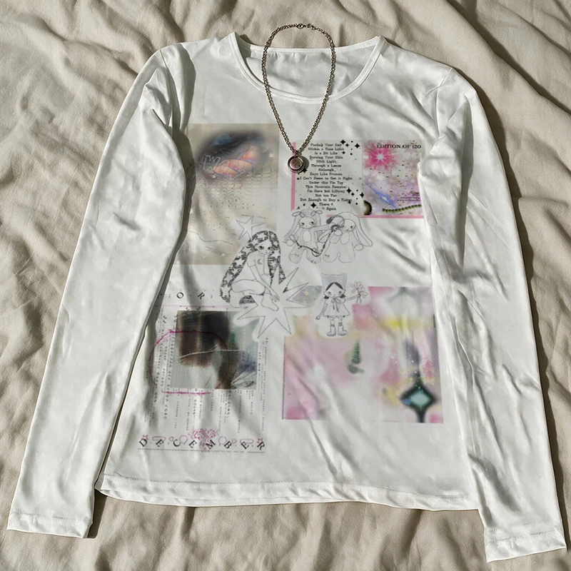 Y2K Women White Long Sleeve T Shirt Anime Girl White Tiger Print Slim Fit Crew Neck Casual Alt Top