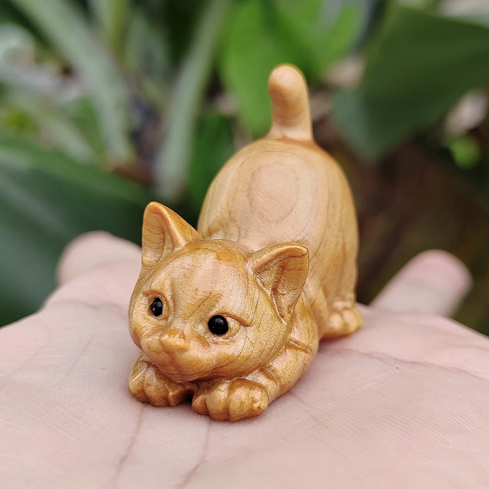 1.7 Inch Hand-Carved Wooden Cat Figurine Ornament Animal Theme Suitable for Living Room, Housewarming Gift, Study Room, Holiday Decoration, Halloween Decorations, Men's Gift, Home Decoration, Back-To-School Season Gift