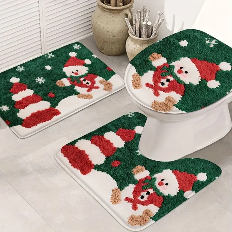 VIKAMA Christmas Tree Santa Hat Bathroom Mat Dark Green Snowflake Winter Toilet Floor Rug Soft Cute Holiday Bath Decor Gift