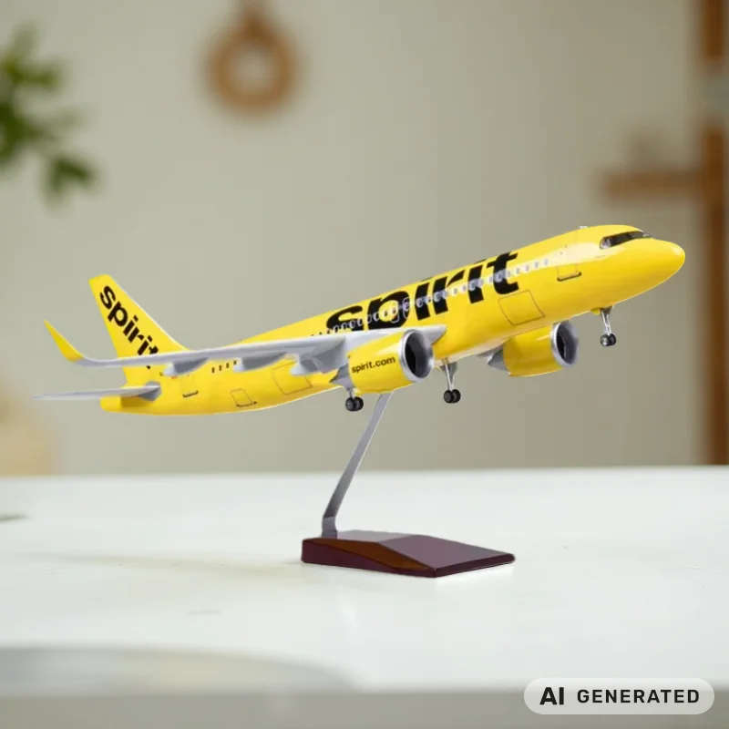1/80 Scale Airplanes A320 Spirit Airways 47cm Resin Model Planes Diecast Aircraft Static Display Souvenir With Wheel Wooden Base