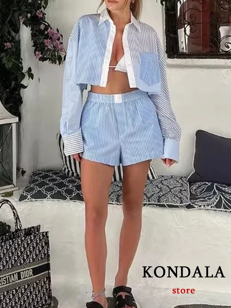 KONDALA Chic Casual Blue Striped PatchworkCommute Women Suit Fashion 2023 Short Sleeve Shirt Wide Leg Shorts Summer Holiday Set