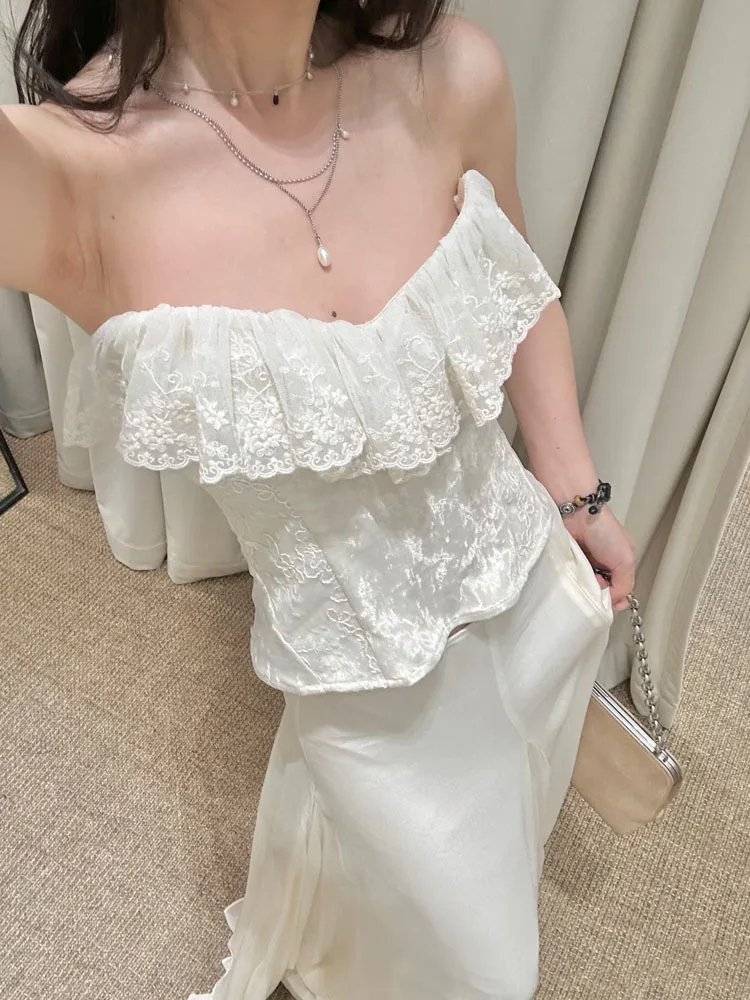 French-style ruffled lace plunging top women's slim-fitting and figure-enhancing short-sleeved inner layer base top