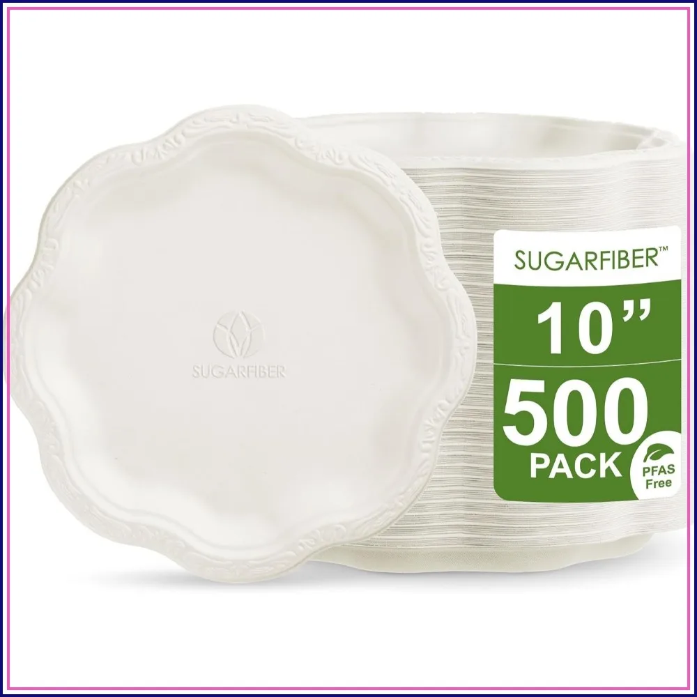 10 inch Compostable Paper Plates White Floral Acanthus Scalloped 50 Pack