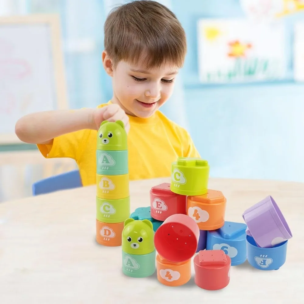 9PCS Stacking Cups Early Education Puzzle Stackable Rainbow Tower with Numbers Letters Shapes Fold Cup Child Stack Game