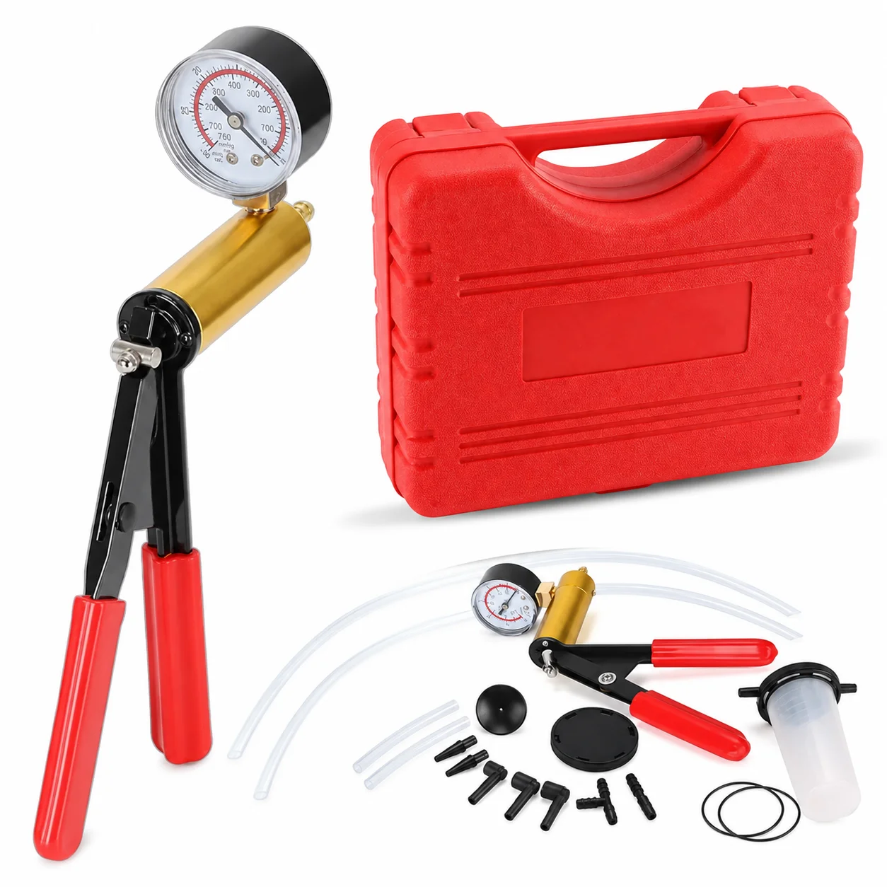 2 in 1 Manual Vacuum Pump Brake Bleeder Kit with Gauge Pressure Tester Tool for Automotive Brake Fluid Diagnostic