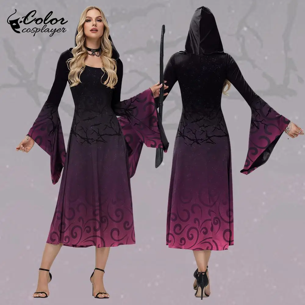 

Color Cosplayer Medieval Hooded Dress Long Sleeve Women Cosplay Costume Halloween Witch Outfit Party Stage Pagoda Sleeve Uniform