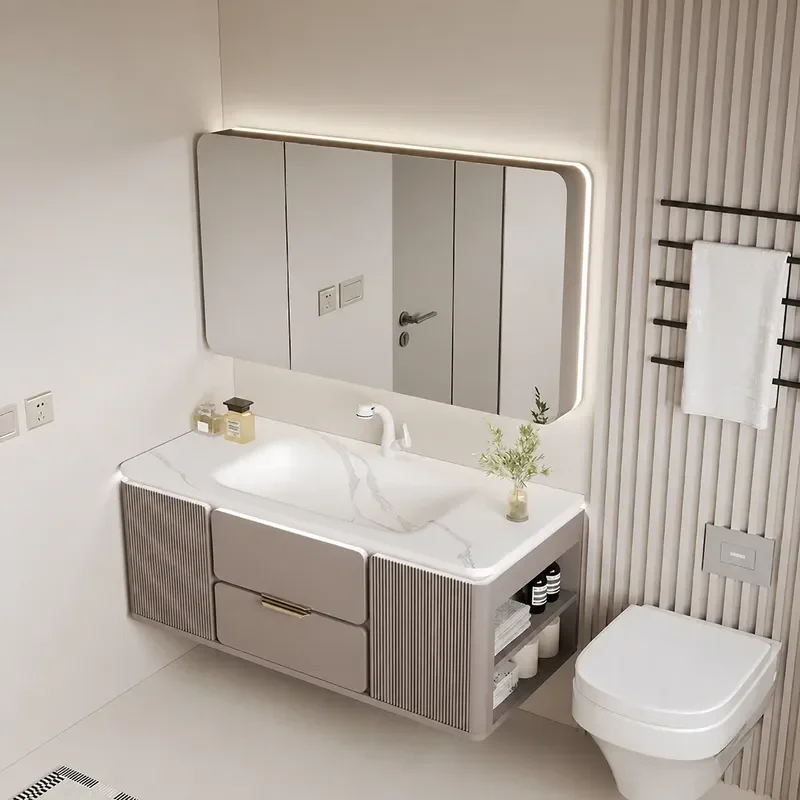 Rock Slab Hot Bending Integrated Basin Bathroom Cabinet Combination Oak Paint Cream Style Ceramic Basin Toilet Hand Washing