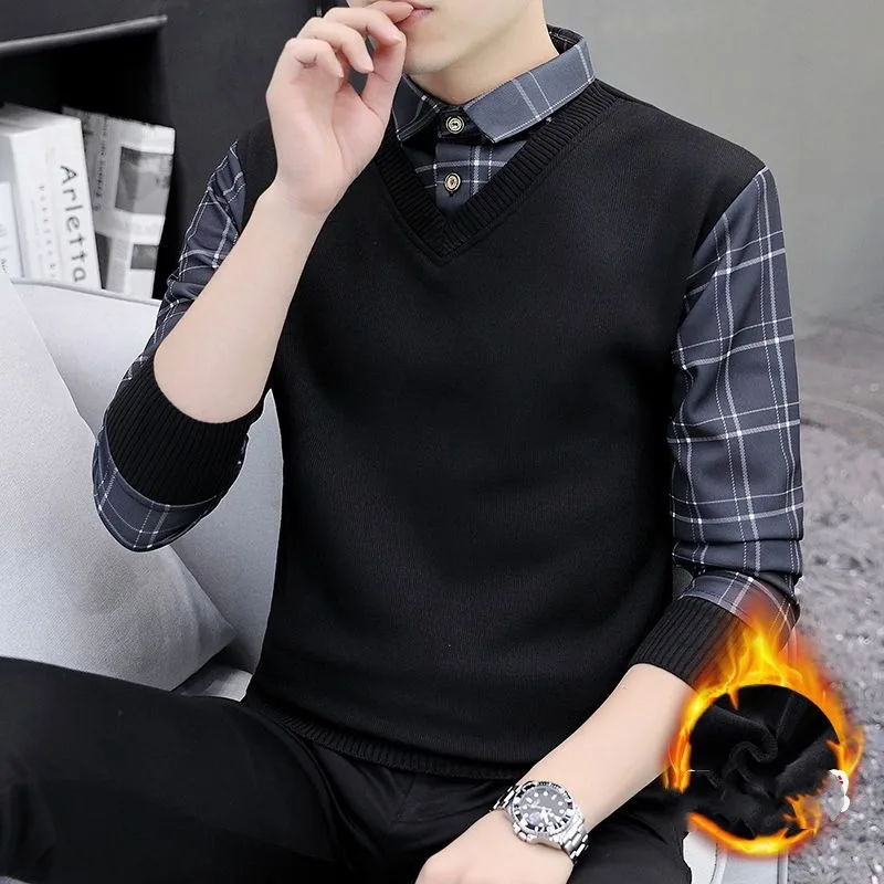 Men's Autumn Winter Solid Turn-down Collar Striped Button Long Sleeve Sweater Knitted Undershirt Fashion Casual Loose Tops