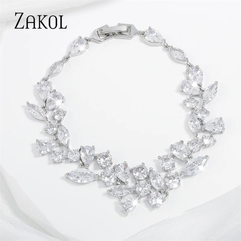 ZAKOL Fashion White Leaf Charm Bracelets for Women Shinny Cubic Zirconia Bracelet Bridal Wedding Party Jewelry BP014