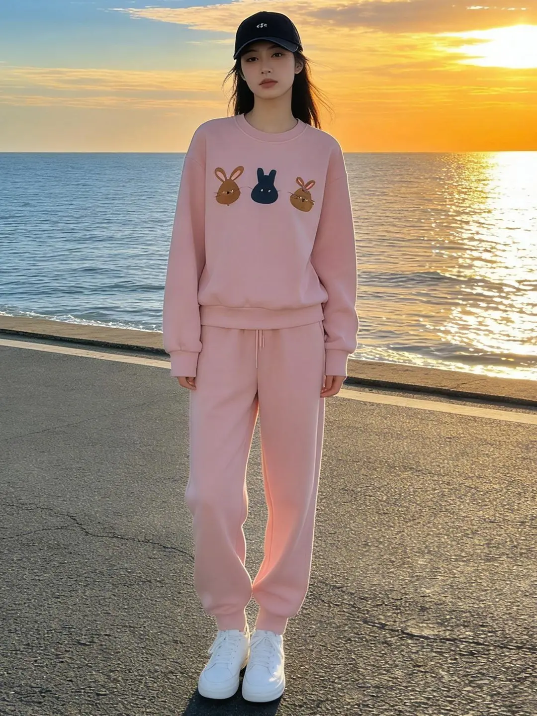 

Casual Pink Long Sleeve round Neck Sweatshirt Trousers Running Two Piece Set Anti Aging Popular Women's Spring New Style