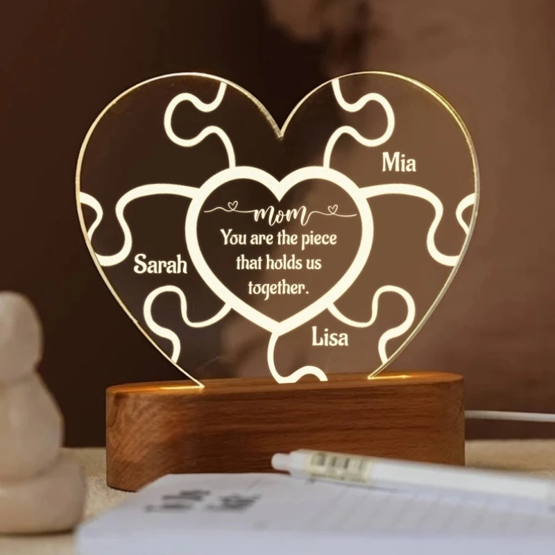 

Mom Puzzle Piece Acrylic Heart Shape Night Light Personalized Room Lamp Custom Family Name Engraved Text Home Decor Parents Gift