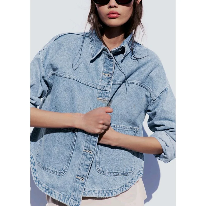 

Spring New Loose Casual Collar Long Sve ket Decorated Denim Jaet Women's Outerwear Comfortable Fit Classic Sle