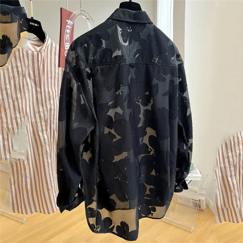 Spring Summer Mid-Long Shirt Women 2024 New Fashion Loose Leisure Large Size Sunscreen Shirt Pure Colour Blouse Black 5XL Female