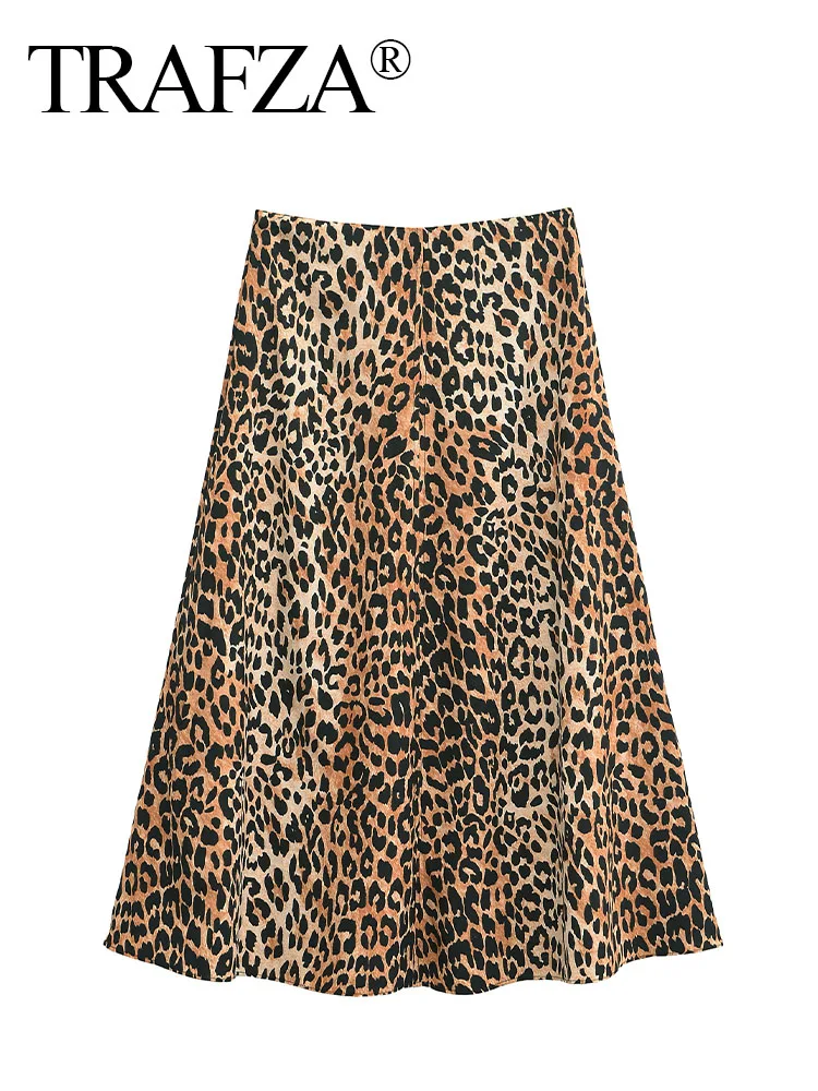 

TRAFZA 2024 Woman Vintage Zipper High Waisted Slim Long Skirt Women Elegant Leopard Printed Casual Skirt Streetwear Mujer