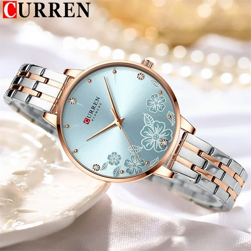 

CURREN 9068 Повседневные женские кварцевые часы с водонепроницаемым ультратонким ремешком из нержавеющей стали и цветочным узором