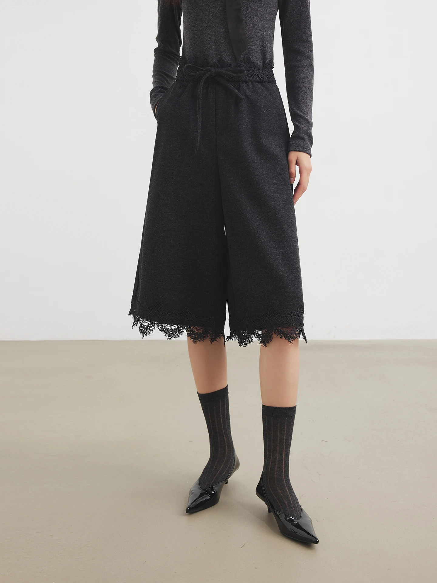 

Annata Winter Wide Leg Woolen Pants Women's Lace Splicing Coffee Color Trousers Casual mid Waist Comfortable Cotton Blend