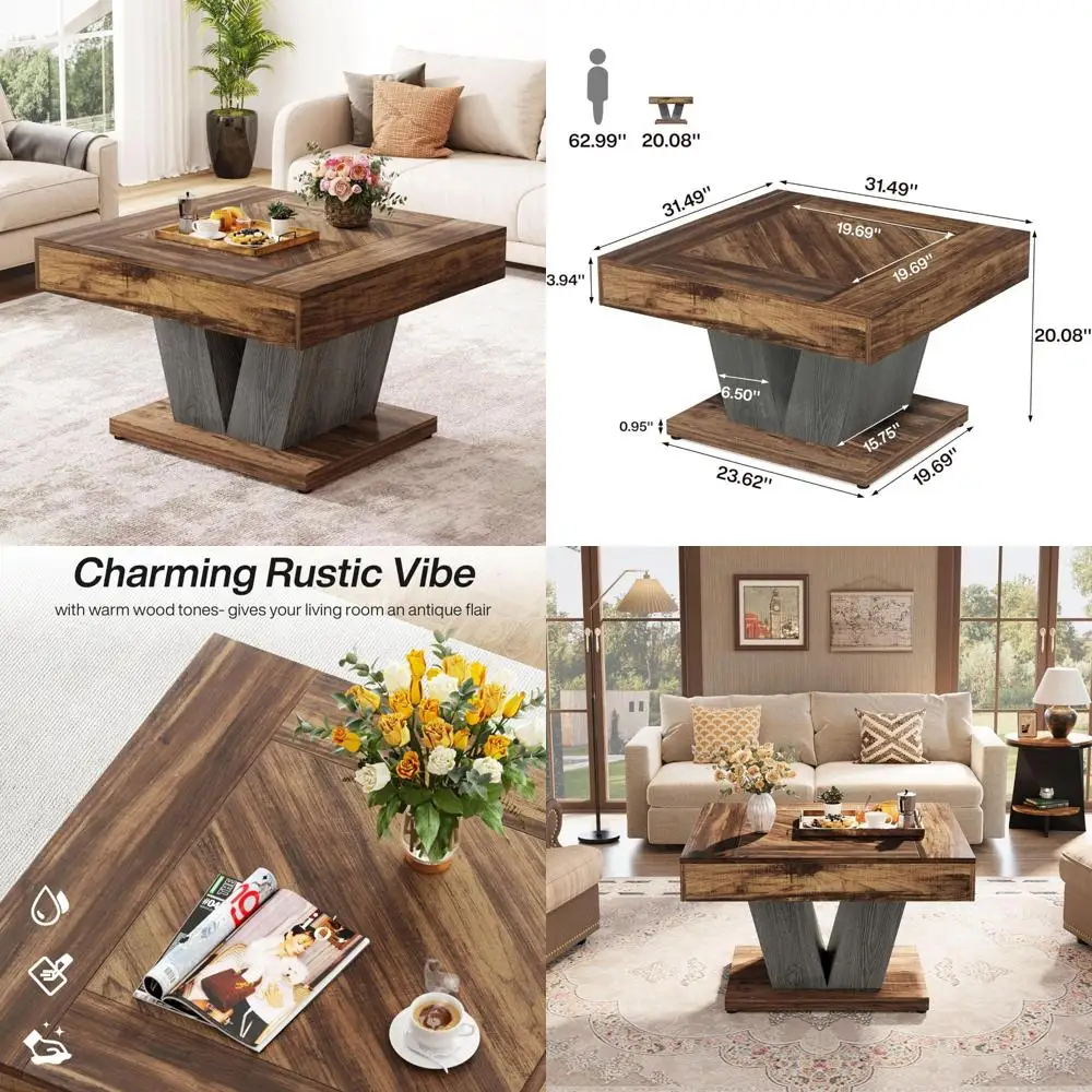 

Современный квадратный журнальный столик 31,5 с деревянным центром для гостиной, деревенский коричневый и черный акцентный столик