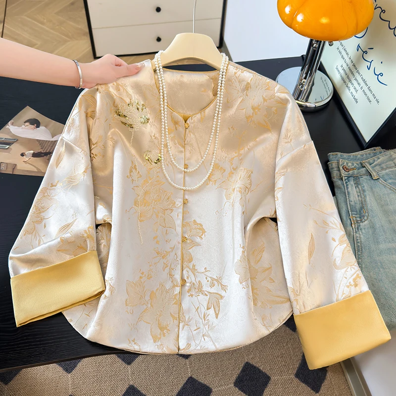 New Chinese Style Short Satin Jacket Women's 2026 Autumn Improved Tang Costume Song Brocade Top round Neck Long Sleeve Wedding