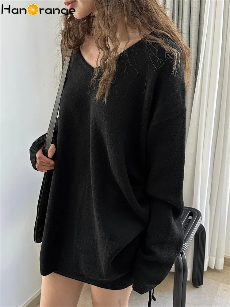 HanOrange 2024 Spring Simple Lazy V-neck Drawstring Wool Sweater Women Soft Loose Casual Top Black/Camel