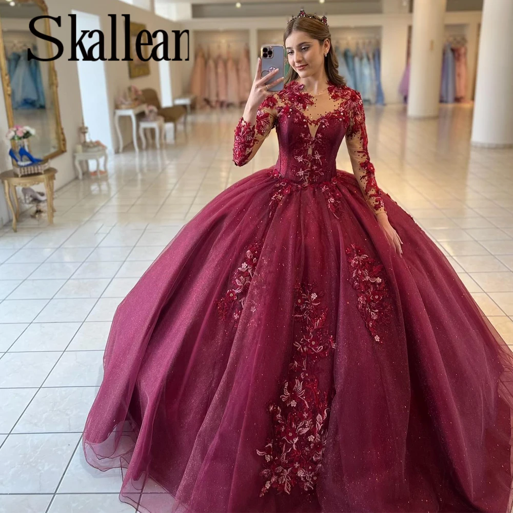 Skallean Exquisite Beads Quinceanera Dresses Ball Gown Long Sleeve Jewel Neck Appliques Abito Da Sposa Special Event Customized