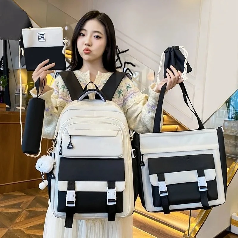 2025 Waterproof Children's Schoolbag Set for Junior and High School Students Double Oulder Bag with Five Pieces Commuter Bookbag