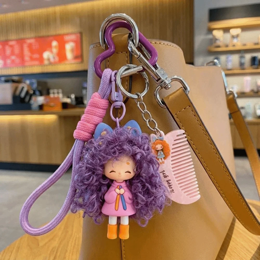 Soft Rubber Curly Hair Doll Keychain Hairbrush Pendant Colorful Halyard Heart Keyring Multicolor Fluffy Texture Bag Pendant