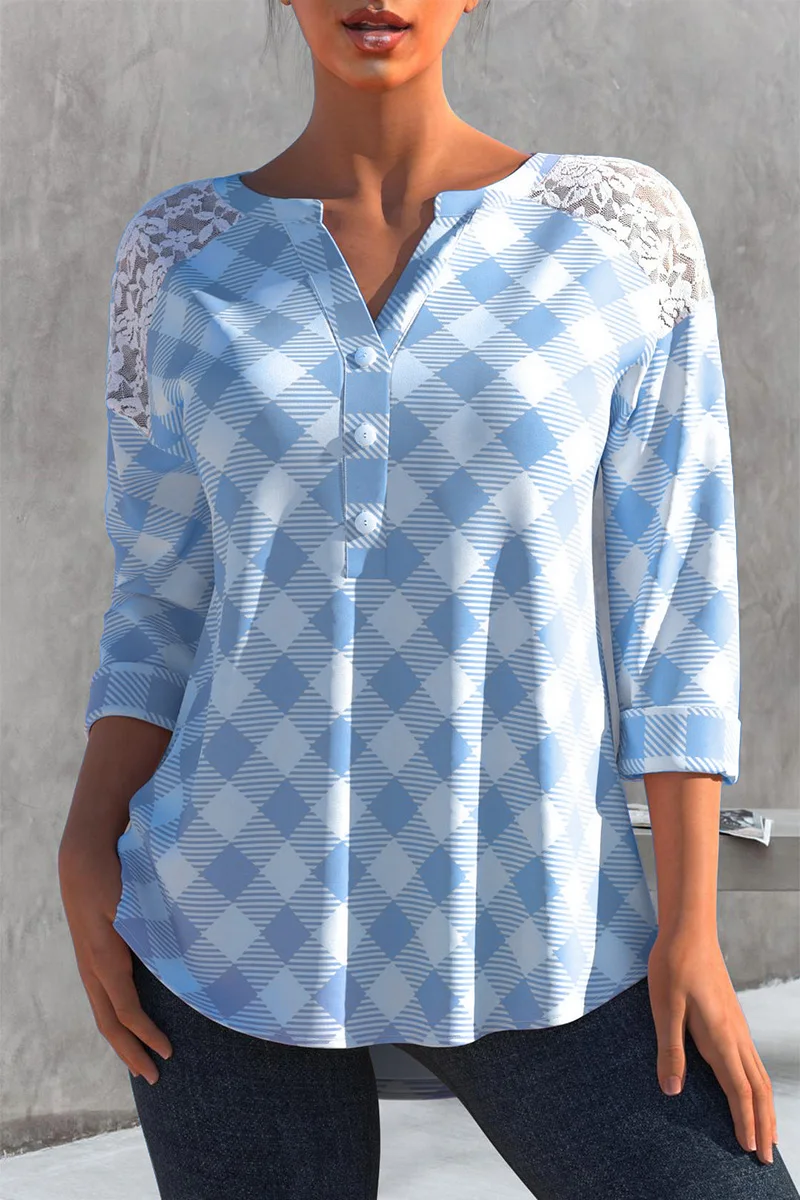 Picture 7: Plus Size Plaid Print Split Neck Button Up 3/4 Sleeve Lace Stitching Blouses