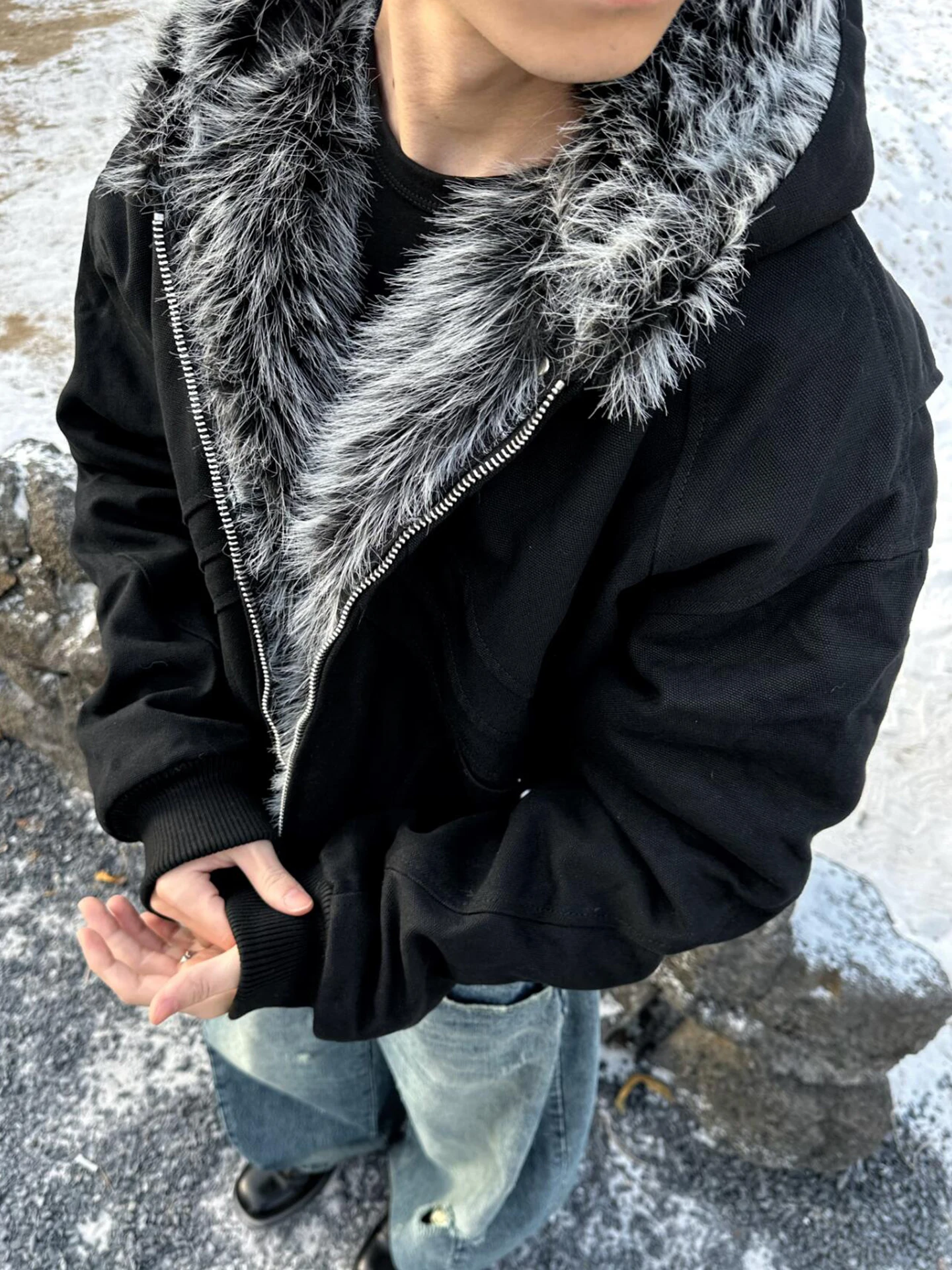 

Мужская зимняя куртка Thiened Fce из хлопка в американском ретро-стиле с меховым воротником и деконструктированным капюшоном