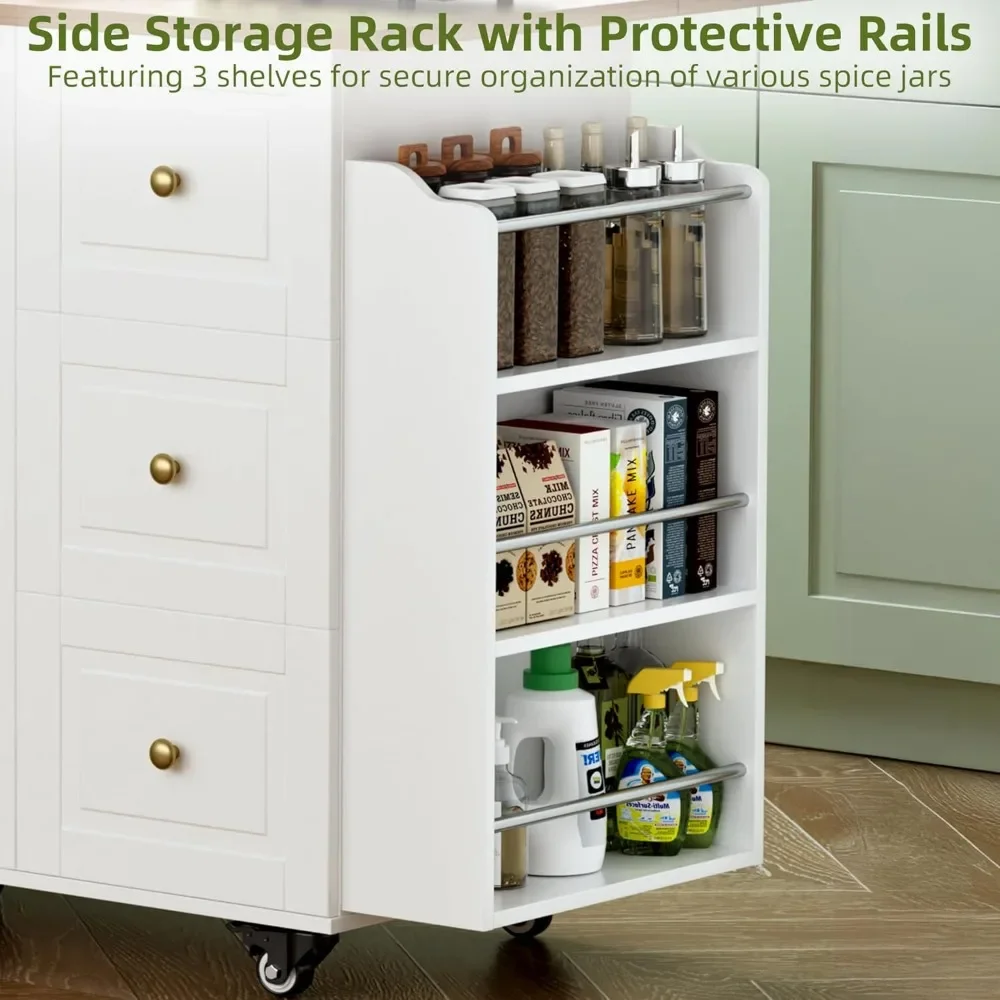 Picture 7: Kitchen Island On Wheels Rolling Cart With Drop Leaf Storage Cabinet Three Drawers Inner Adjustable Shelves