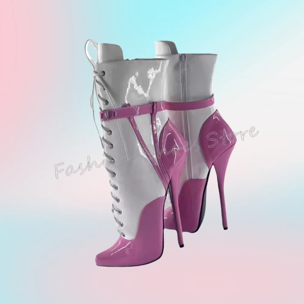

Side Zipper Lace up Splicing Boots Patent leather Thin High Heels High Heel Shoes for Women Heels 2025 New Zapatos Para Mujere