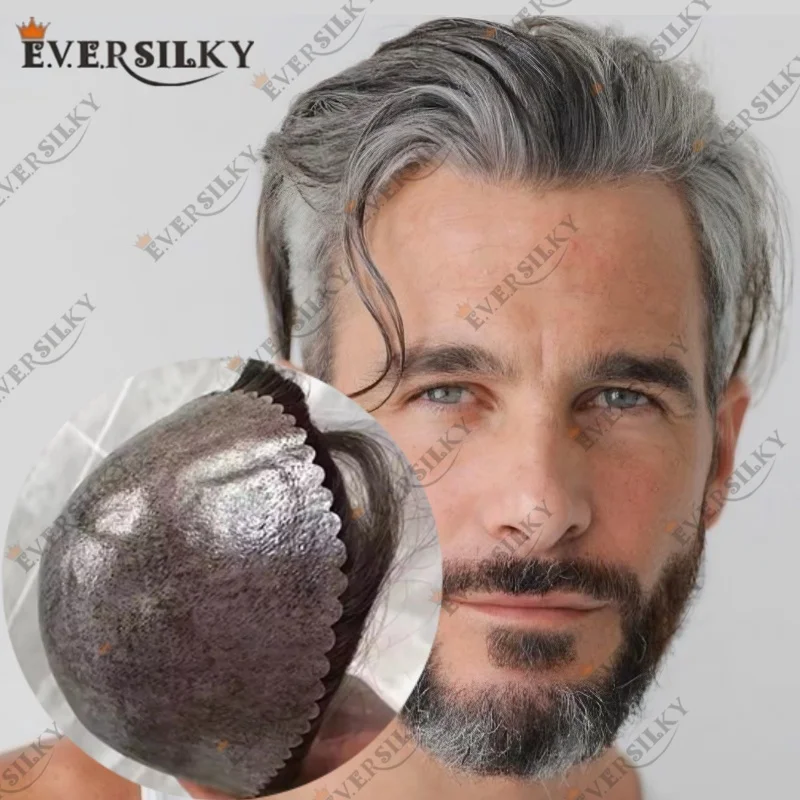 

6 inch Grey Black Toupee for Men 1B40 1B50 Human Hair Injected Transparent PU Cheap Capillary Prosthesis Men's Natural Hair Wig