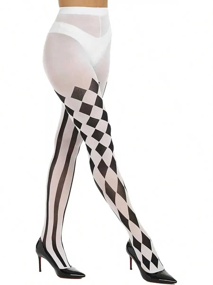 

Women's Black and White Harlequin Checkered & Striped Pattern Tights for Halloween Costume or Fashion