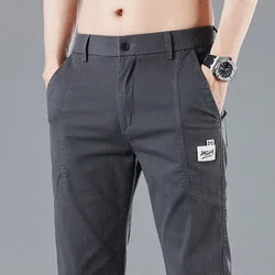 Spring Summer Elastic Waist Design Men's Thin Casual Pants Korean Fashion Cotton Stretch Business Trousers Male Grey Blue