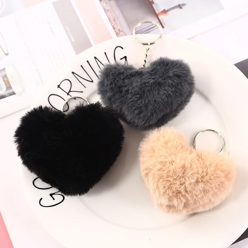 8CM Fluffy Pompom Keychain Gifts for Women Soft Heart Shape Pompon Fake Rabbit Key Chain Ball Car Bag Accessories Key Ring