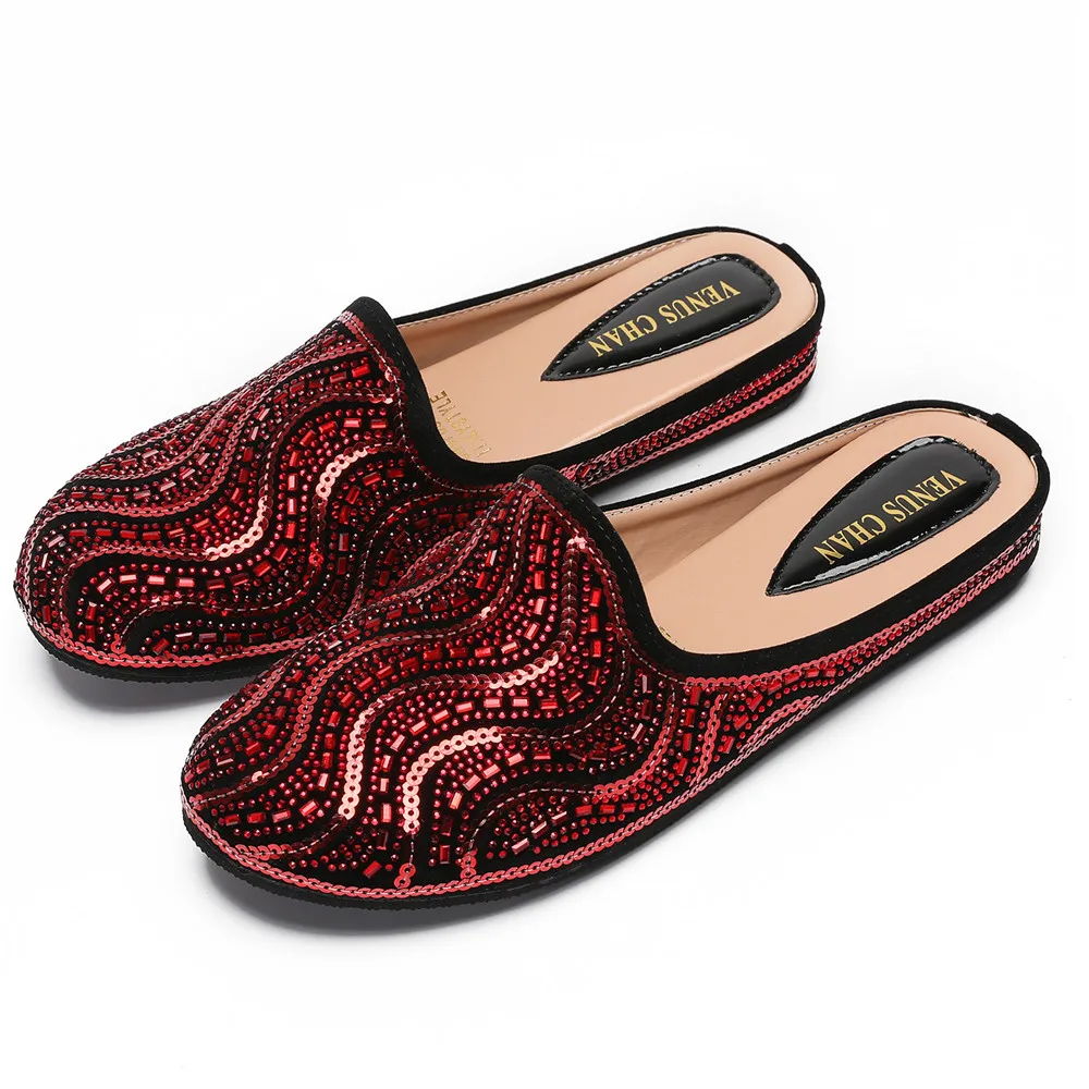 

Летние полутапочки 2025, женские красные свадебные повседневные туфли со стразами и ромбами в нигерийском стиле для вечеринок с туфлями для изготовления кристаллов