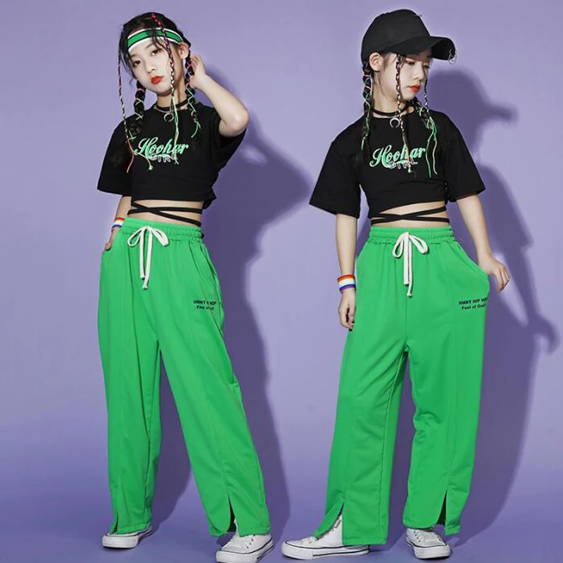 Streetwear Sweat Pants for Girls Jazz Dance Costume Clothes Kids Ballroom Kpop Hip Hop Clothing Cross Tie Crop Tops T Shirt Tee