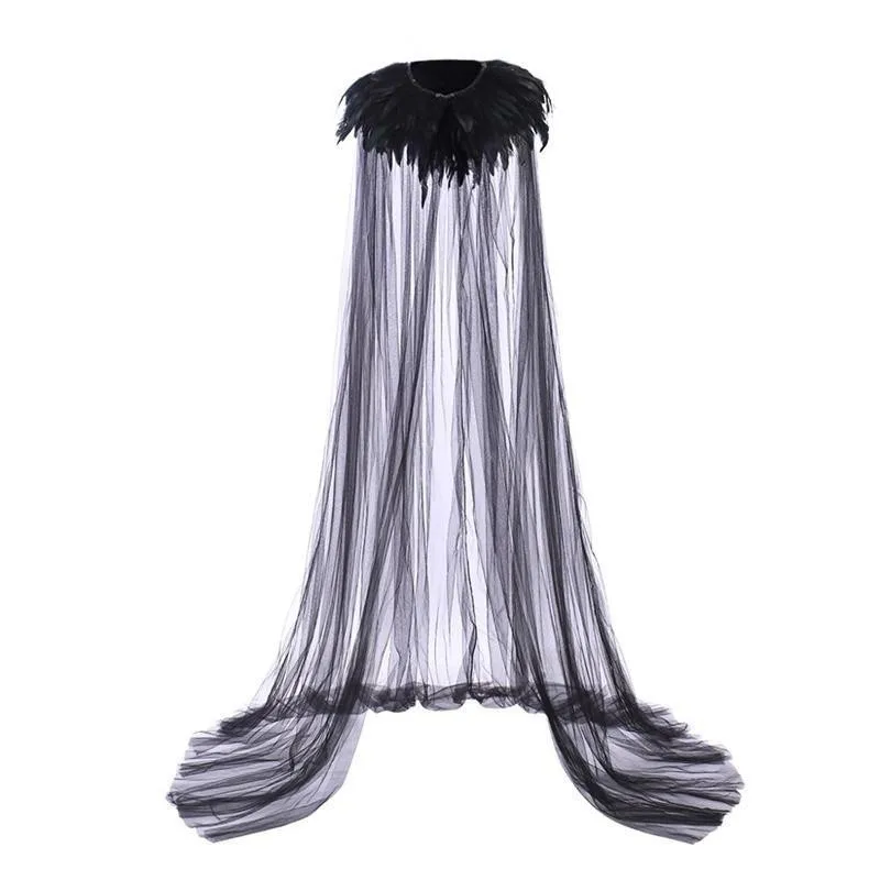 

Black Evil Queen Witch Cape, Steampunk Feather Collar, Light Gauze Cape, Halloween Cosplay Props, Adult Length 150CM/180CM