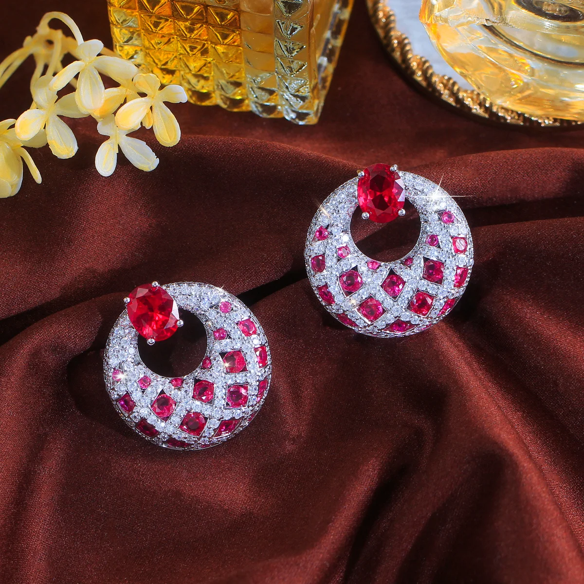 CWWZircons Top Hot Luxury Pink Red Cubic Zirconia Big Round Party Drop Earrings for Women Christmas Jewelry Festive Gifts E0838