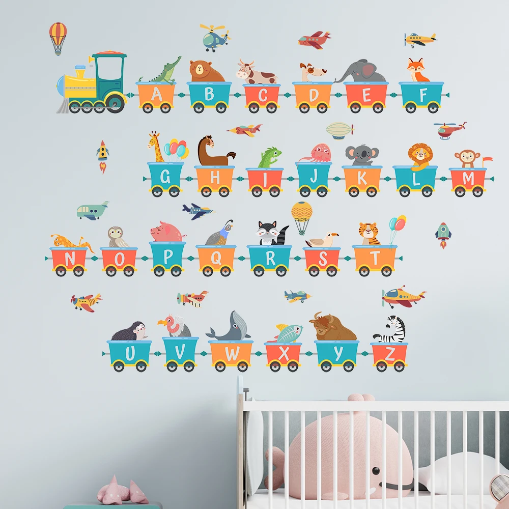 1 Set Cartoon Animals Train Alphabet Kids Wall Stickers for Child Bedroom Decor Nursery Early Education Removable Letter Decals