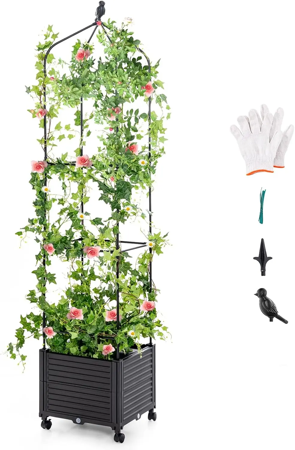Bed with Tomato Cages, Obelisk & Bird Top, 10 Fasten Straps, Gloves, 83” 67” 51” Adjustable Height, Self Watering Planter