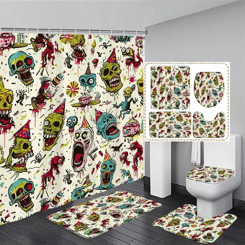 

HKL22Halloween Skeleton Shower Curtain Red Heart Vintage Floral Gothic Skeleton Day of the Dead Horror Shower Curtains Rug B3Lh!