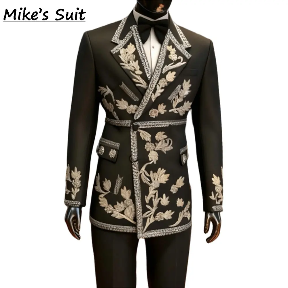 Black 3D Floral Lace Diamonds Suits Men For Wedding Jacket Pants 2 Piece Man Suit Groom Tuxedos Customized Fashion Party Outfits